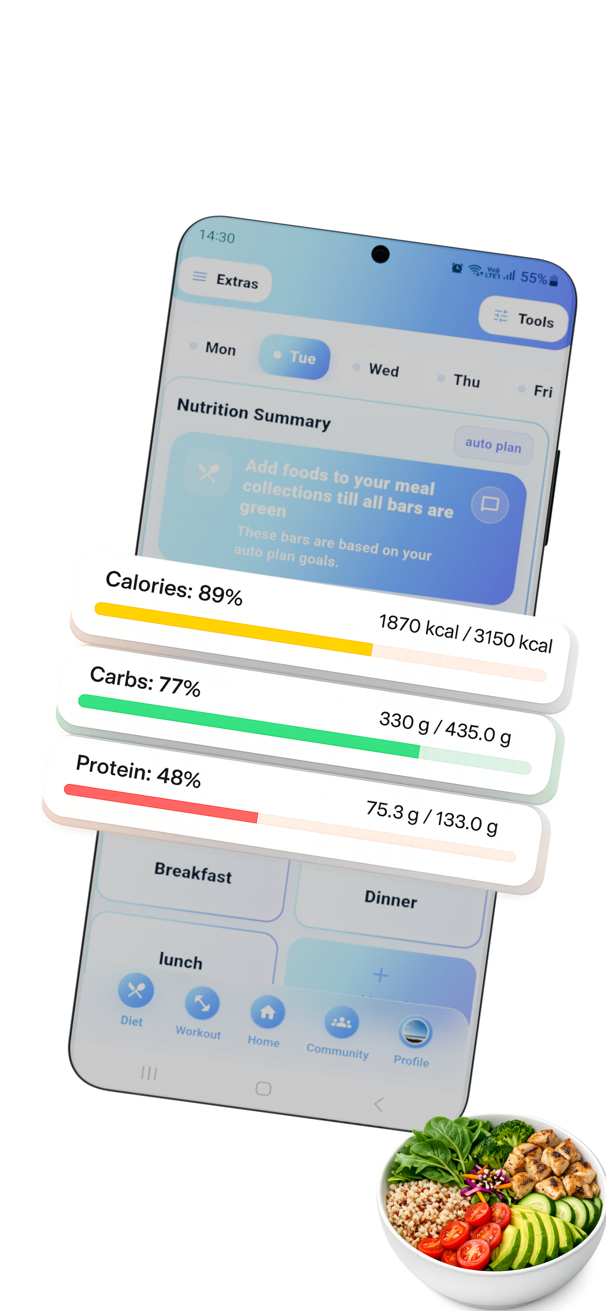 Meals · Macros · Nutrition · Tracking shown on Android