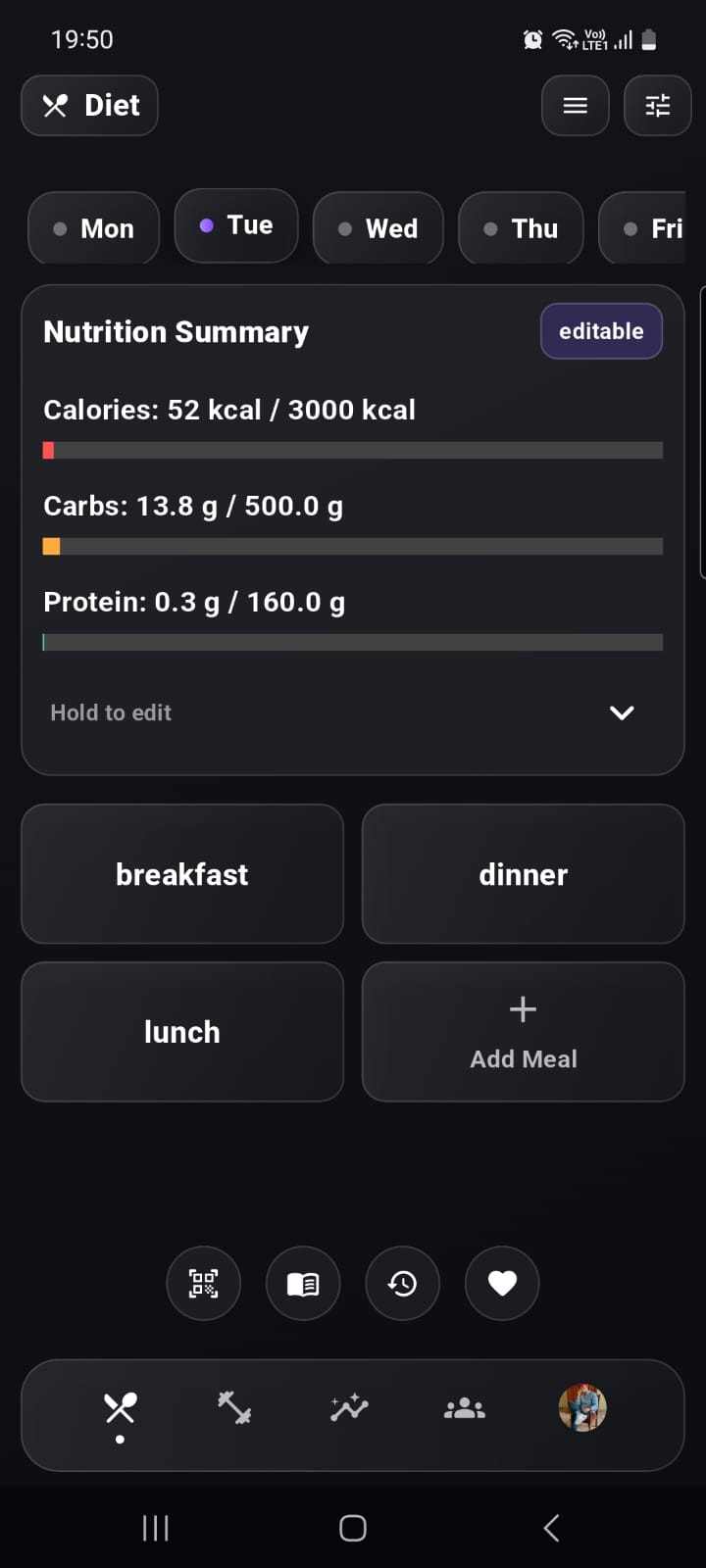 Log meals, create custom meals, and track your intake with clarity.